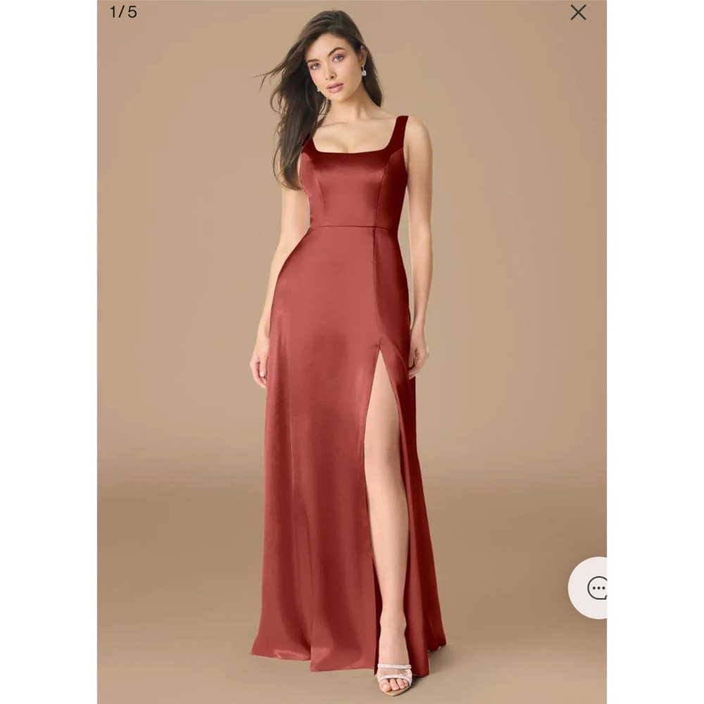 Azazie Nessi Stretch Satin Terracotta A2 Size 2 Maxi Bridesmaid‎ dress Rust Red